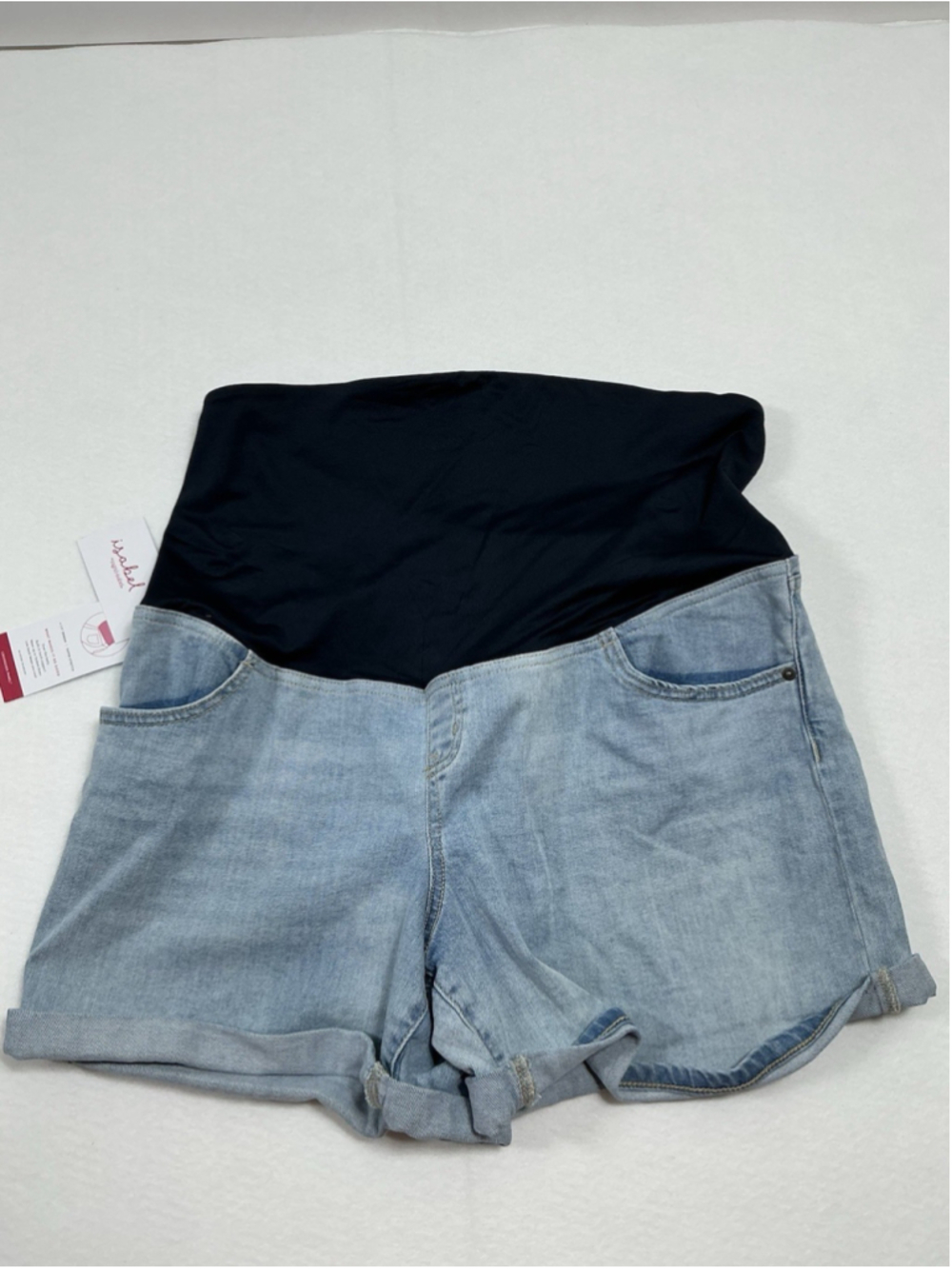 Womans NWT Isabel Maternity Light Blue Jean Shorts Size 16 Tummy Panel